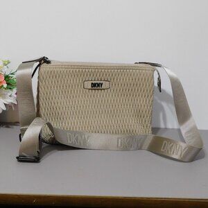 DKNY Tan/Beige Diamond Quilted Nylon Triple Entry Crossbody Handbag Purse